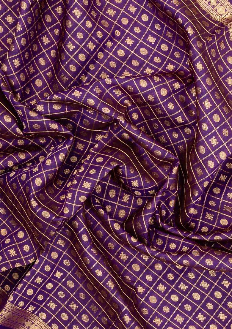Purple Handloom Kanchipuram Silk Saree With Checks Buttas With Buttas And Brocade Design For Women - Indya