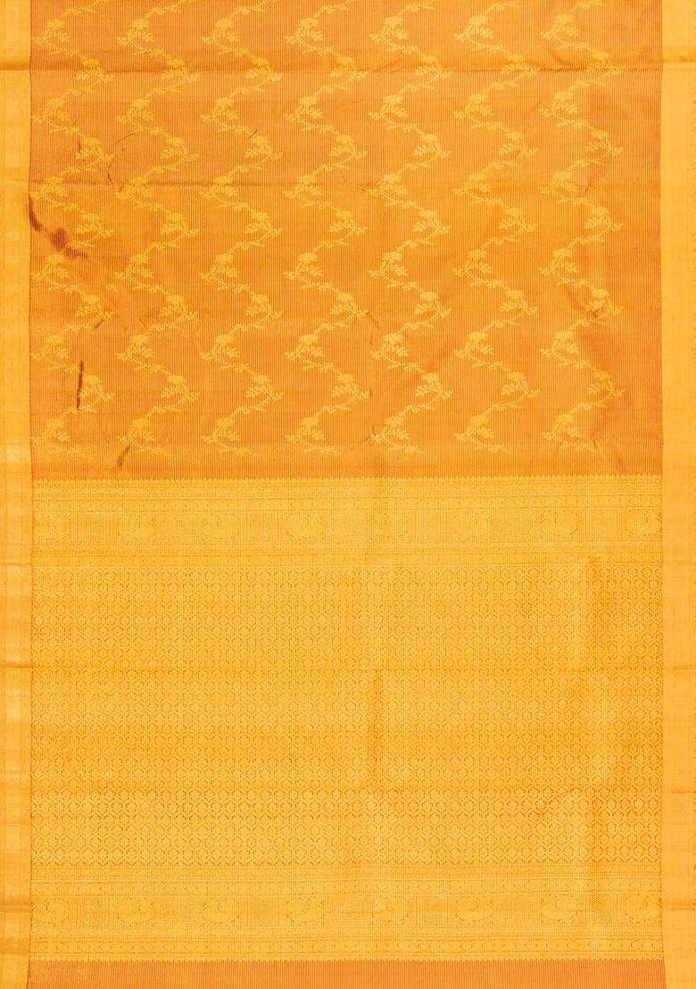 Red Handloom Tissue Kanchipuram Silk Saree With Stripes Floral Motifs With Buttas And Brocade Design For Women - Indya