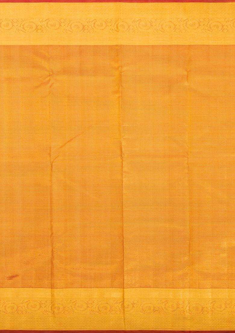 Red Handloom Tissue Kanchipuram Silk Saree With Stripes Floral Motifs With Buttas And Brocade Design For Women - Indya
