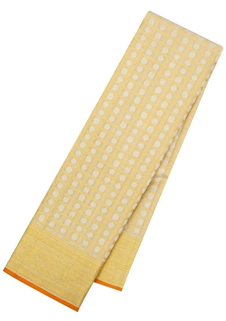 Cream Handloom Tissue Kanchipuram Silk Saree With Checks Floral Motifs With Buttas And Brocade Design For Women - Indya