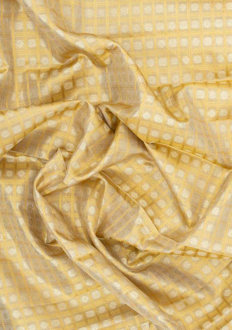Cream Handloom Tissue Kanchipuram Silk Saree With Checks Floral Motifs With Buttas And Brocade Design For Women - Indya