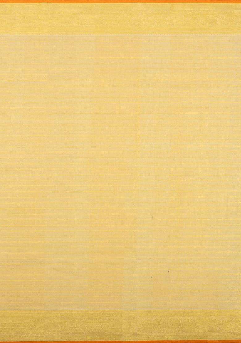 Cream Handloom Tissue Kanchipuram Silk Saree With Checks Floral Motifs With Buttas And Brocade Design For Women - Indya