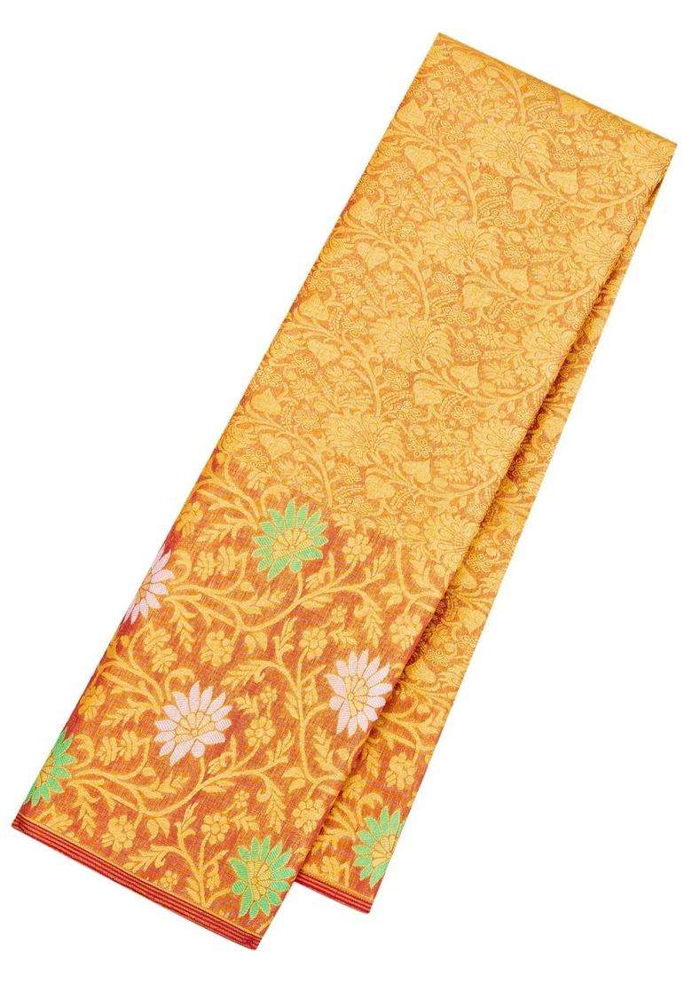 Crimson Handloom Tissue Kanchipuram Silk Saree With Meena Floral Motifs With Buttas And Brocade Design For Women - Indya