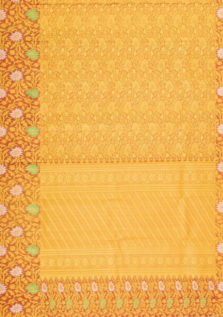 Crimson Handloom Tissue Kanchipuram Silk Saree With Meena Floral Motifs With Buttas And Brocade Design For Women - Indya