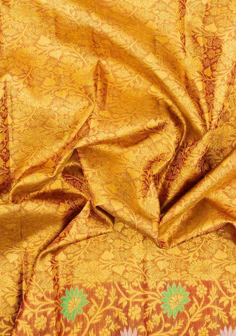 Crimson Handloom Tissue Kanchipuram Silk Saree With Meena Floral Motifs With Buttas And Brocade Design For Women - Indya