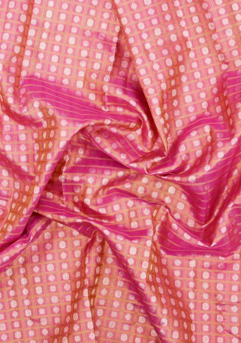 Pink Handloom Tissue Kanchipuram Silk Saree With Checks Floral Motifs With Buttas And Brocade Design For Women - Indya