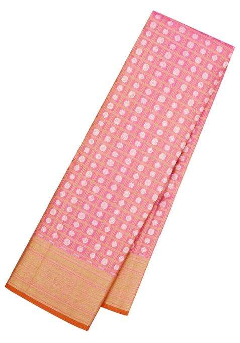 Pink Handloom Tissue Kanchipuram Silk Saree With Checks Floral Motifs With Buttas And Brocade Design For Women