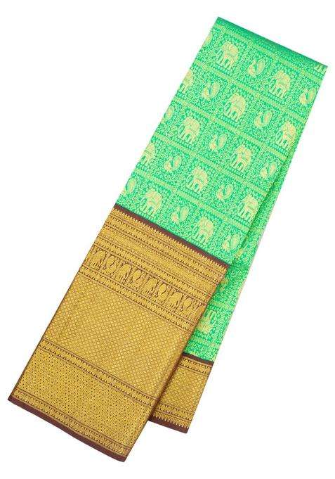 Light Green Handloom Korvai Kanchipuram Silk Saree With Contrast Border With Korvai And Temple Border Design For Women
