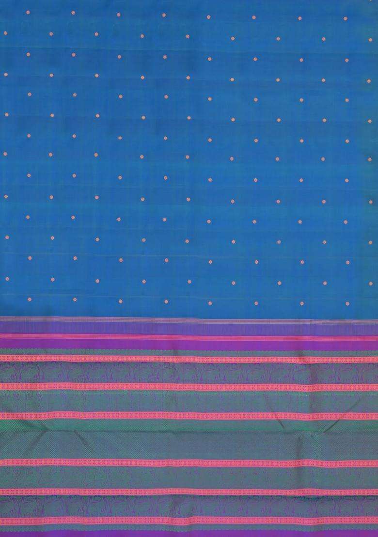 Blue Handloom Kanchipuram Silk Saree With Silk Thread Work Border With Buttas And Brocade Design For Women - Indya