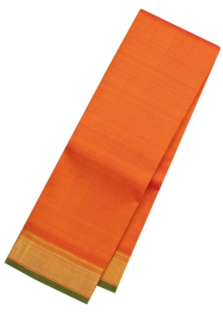 Orange Handloom Kanchipuram Silk Saree With Dotted Zari Stripes With Checks And Stripes Design For Women - Indya