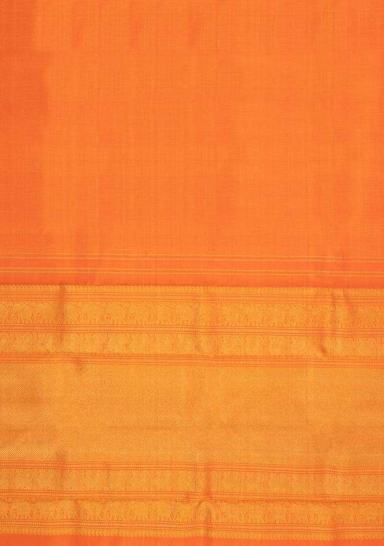 Orange Handloom Kanchipuram Silk Saree With Dotted Zari Stripes With Checks And Stripes Design For Women - Indya