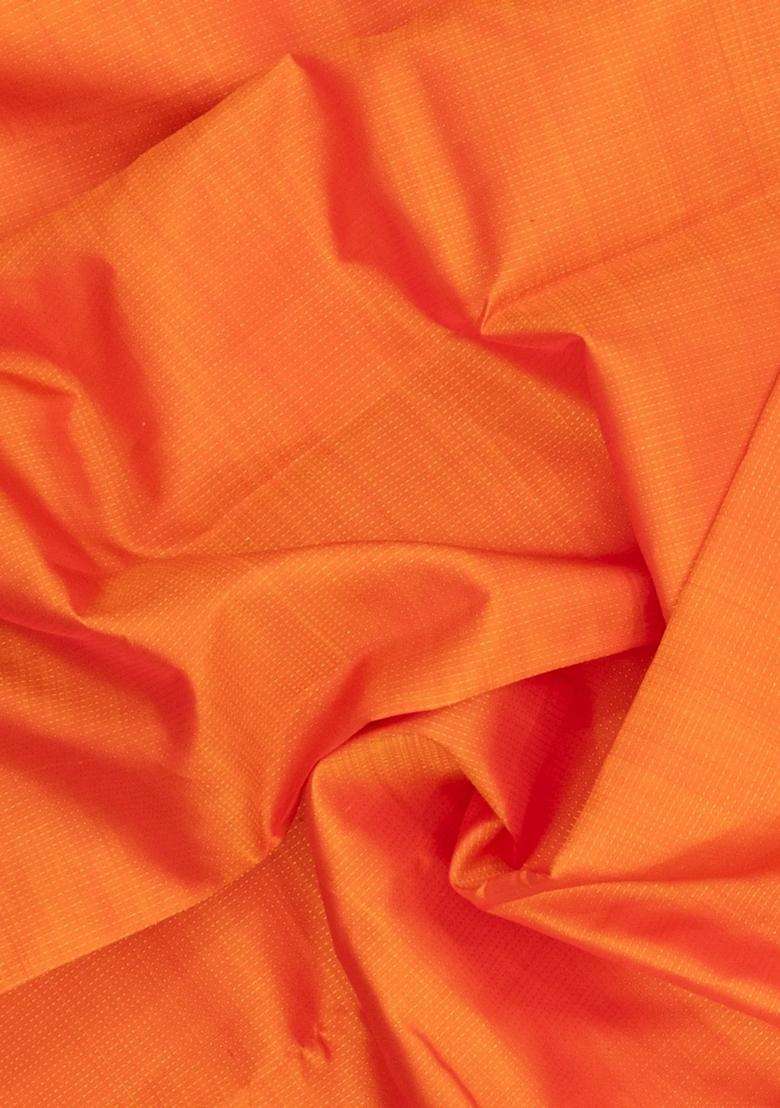 Orange Handloom Kanchipuram Silk Saree With Dotted Zari Stripes With Checks And Stripes Design For Women - Indya