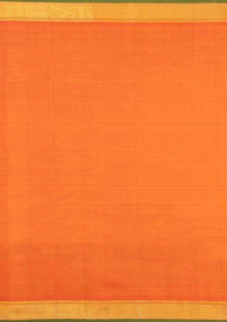 Orange Handloom Kanchipuram Silk Saree With Dotted Zari Stripes With Checks And Stripes Design For Women - Indya