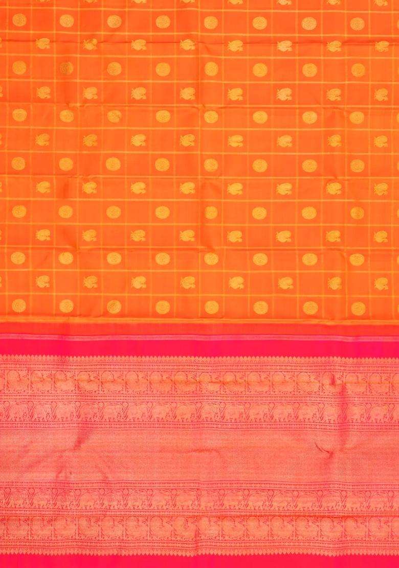 Orange Handloom Kanchipuram Silk Saree With Zari Checks Buttas With Buttas And Brocade Design For Women - Indya