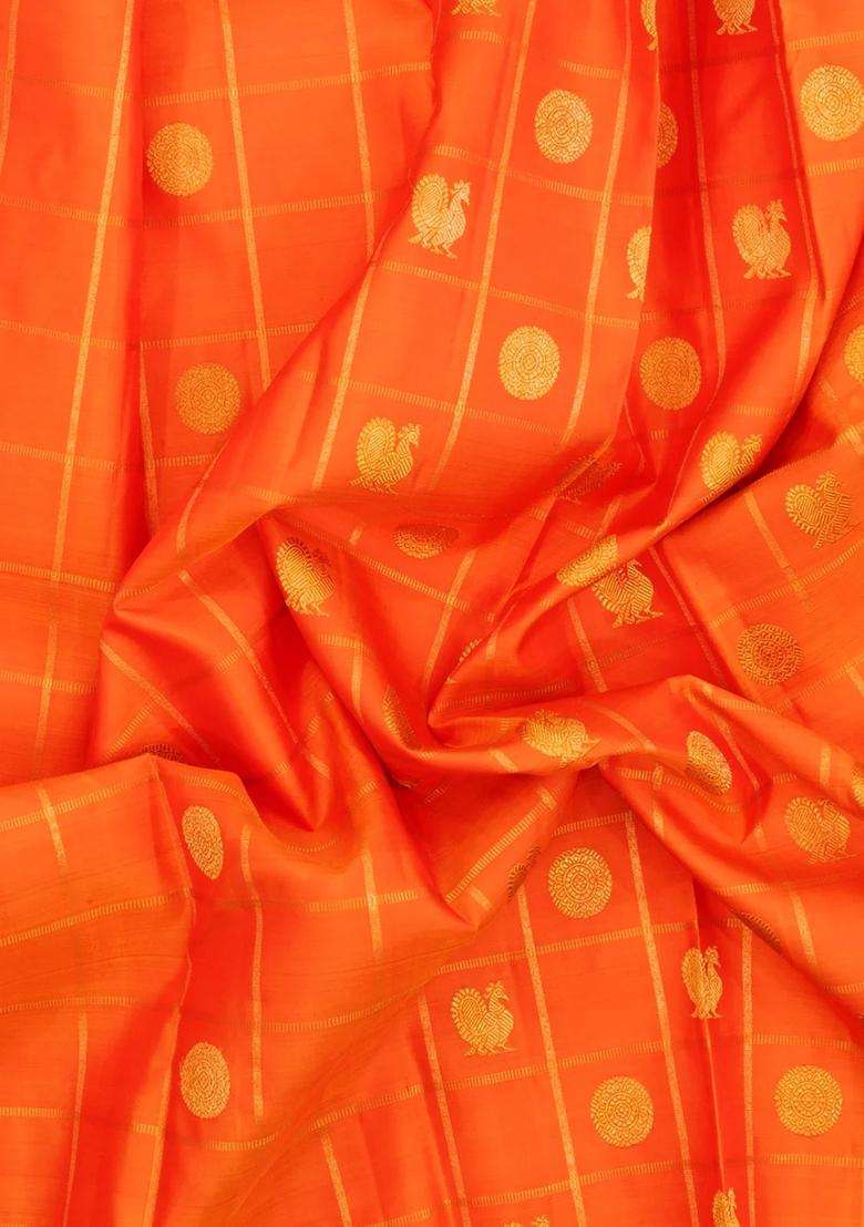 Orange Handloom Kanchipuram Silk Saree With Zari Checks Buttas With Buttas And Brocade Design For Women - Indya