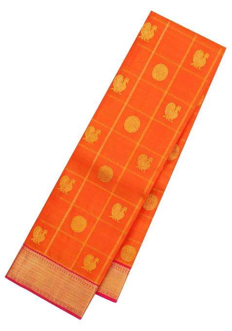 Orange Handloom Kanchipuram Silk Saree With Zari Checks Buttas With Buttas And Brocade Design For Women