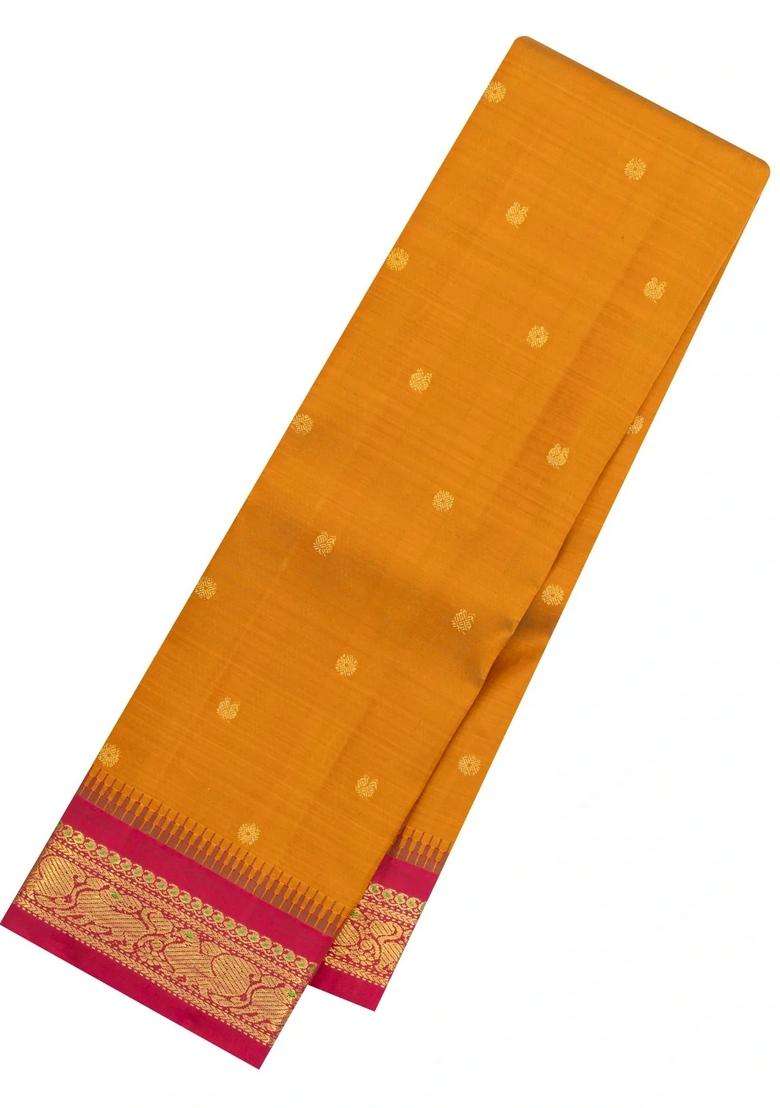 Mustard Handloom Korvai Kanchipuram Silk Saree With Zari Buttas With Korvai And Temple Border Design For Women - Indya