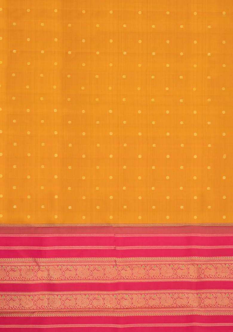 Mustard Handloom Korvai Kanchipuram Silk Saree With Zari Buttas With Korvai And Temple Border Design For Women - Indya