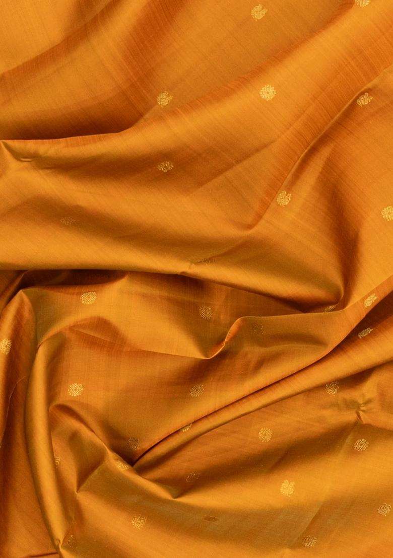 Mustard Handloom Korvai Kanchipuram Silk Saree With Zari Buttas With Korvai And Temple Border Design For Women - Indya