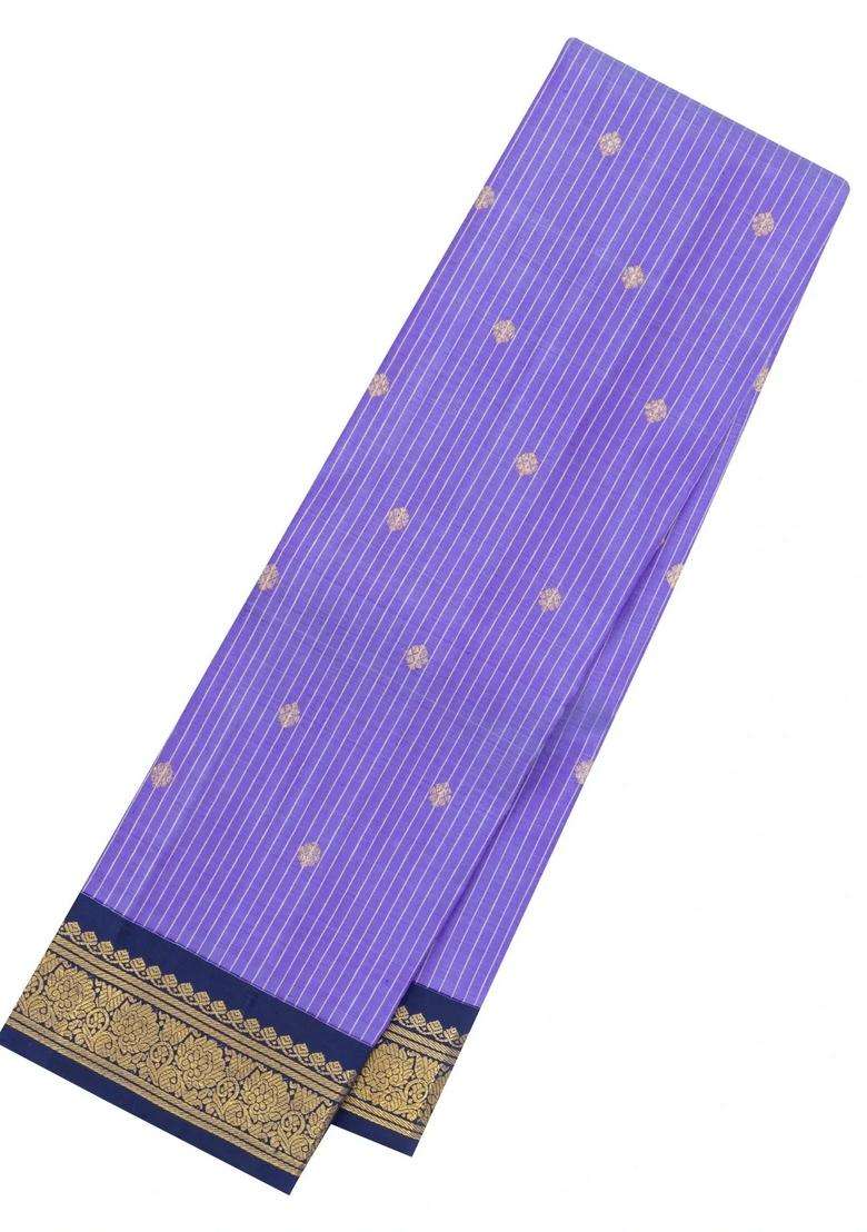 Lavander Lavender Handloom Korvai Kanchipuram Silk Saree With Stripes Buttas With Korvai And Temple Border Design For Women - Indya