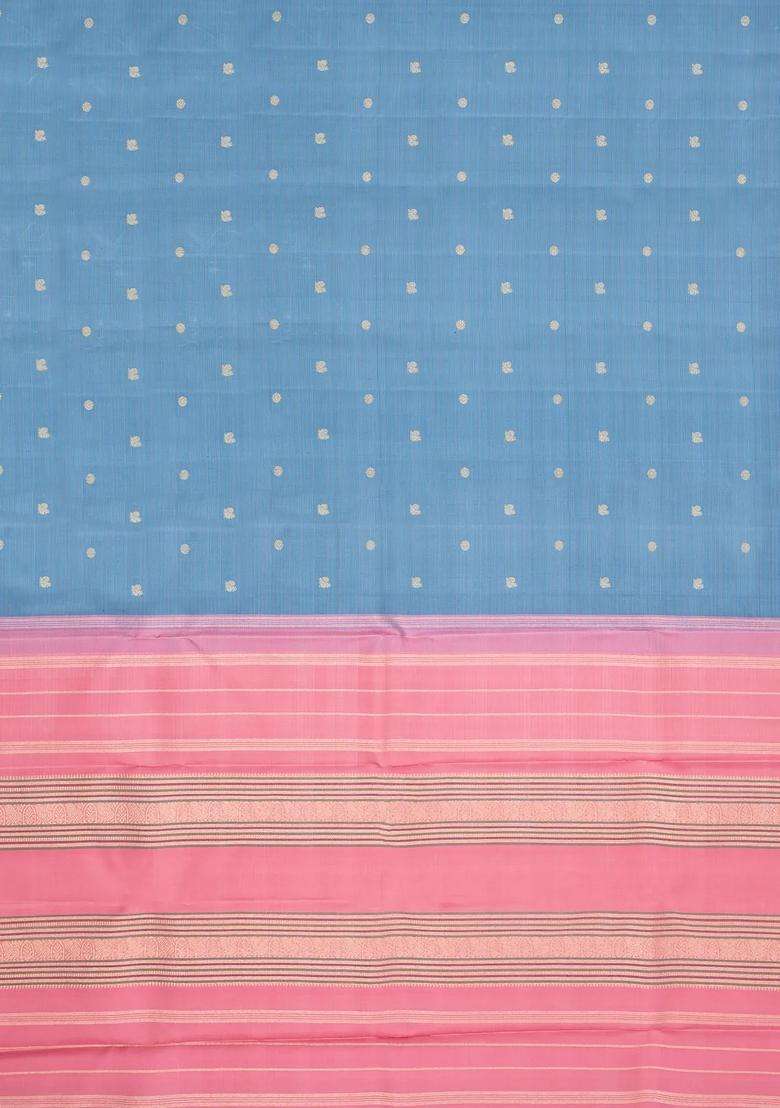 Grey Handloom Korvai Kanchipuram Silk Saree With Stripes Buttas With Korvai And Temple Border Design For Women - Indya