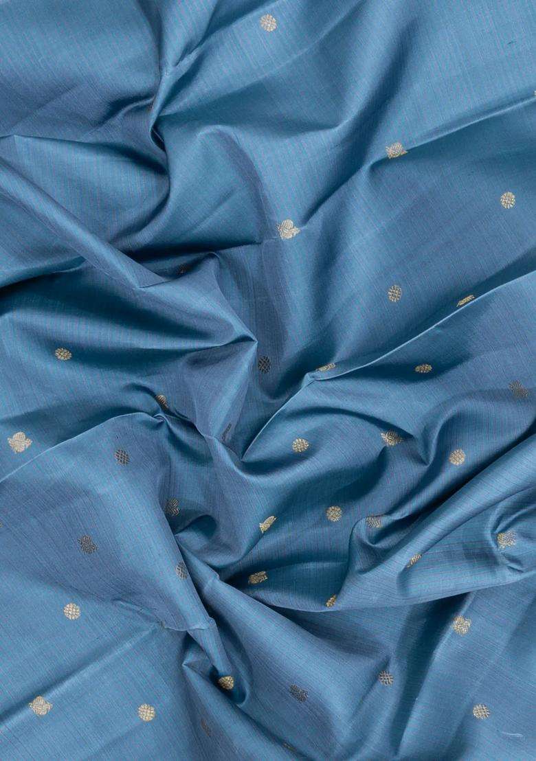 Grey Handloom Korvai Kanchipuram Silk Saree With Stripes Buttas With Korvai And Temple Border Design For Women - Indya