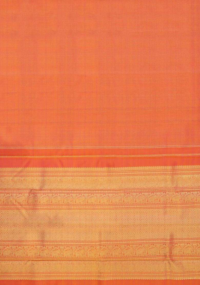 Peach Handloom Kanchipuram Silk Saree With Dotted Stripes With Checks And Stripes Design For Women - Indya