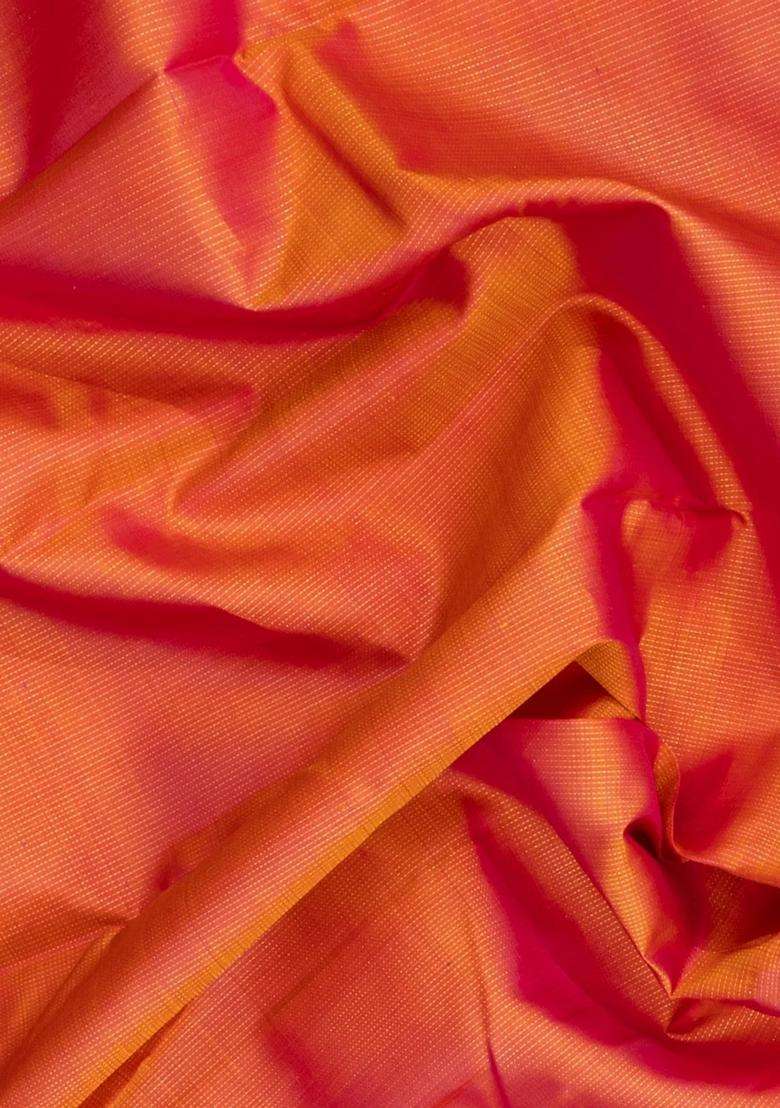 Peach Handloom Kanchipuram Silk Saree With Dotted Stripes With Checks And Stripes Design For Women - Indya