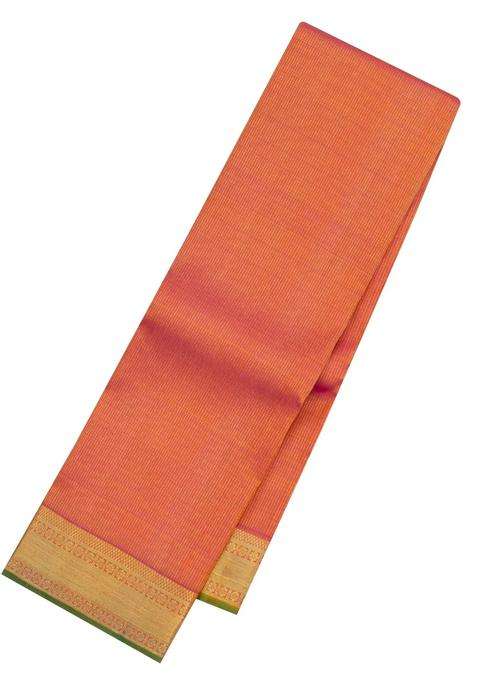 Peach Handloom Kanchipuram Silk Saree With Dotted Stripes With Checks And Stripes Design For Women