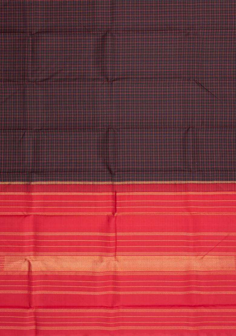 Black Handloom Kanchipuram Silk Saree With Silk Checks With Checks And Stripes Design For Women - Indya