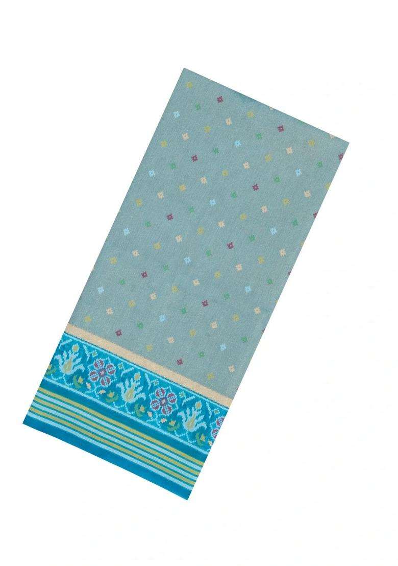 Turquoise Printed Art Dupion Tissue Saree With Tie Dye Border For Women - Indya