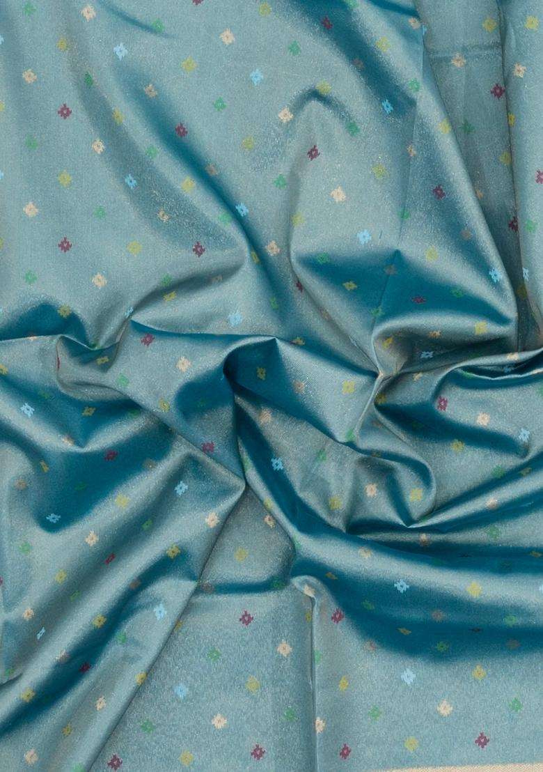 Turquoise Printed Art Dupion Tissue Saree With Tie Dye Border For Women - Indya