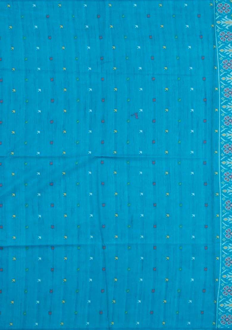 Turquoise Printed Art Dupion Tissue Saree With Tie Dye Border For Women - Indya