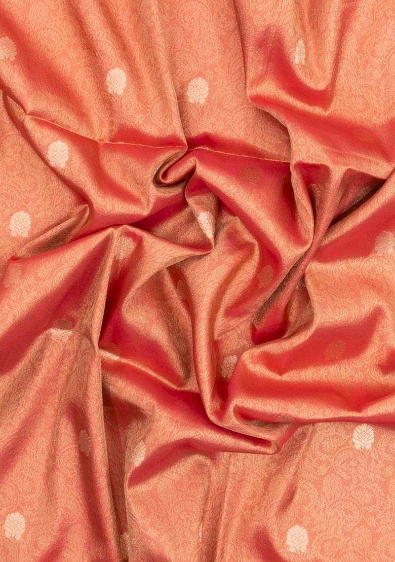 Peach Woven Art Dupion Tissue Saree With Floral Zari Motifs With Buttas And Brocade Design For Women - Indya