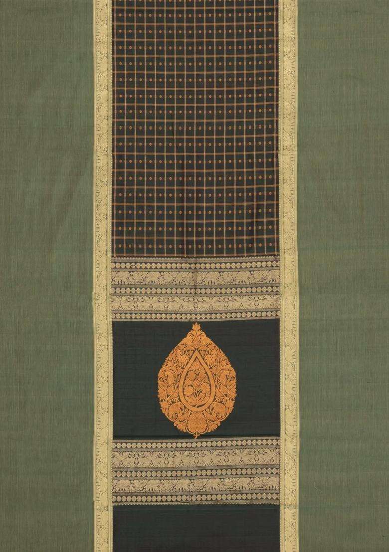 Bottle Green Handloom Muppagam Silk Cotton Saree With Checks Buttas With Buttas And Brocade Design For Women - Indya