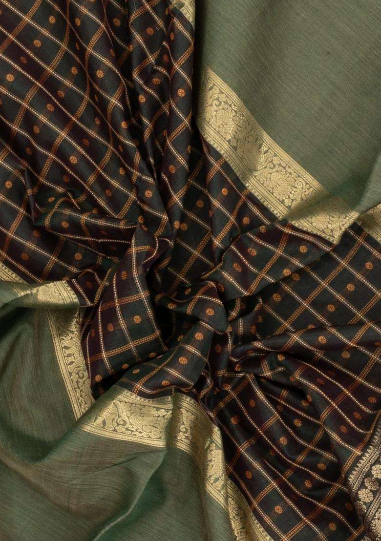 Bottle Green Handloom Muppagam Silk Cotton Saree With Checks Buttas With Buttas And Brocade Design For Women - Indya