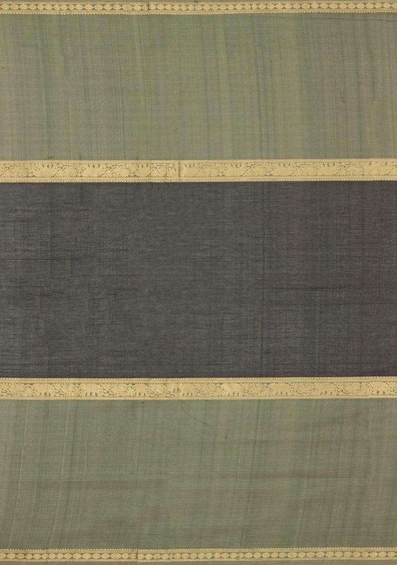 Bottle Green Handloom Muppagam Silk Cotton Saree With Checks Buttas With Buttas And Brocade Design For Women - Indya