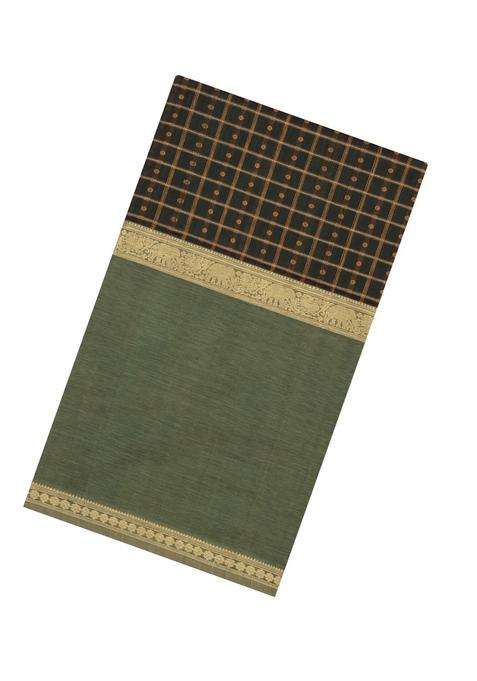 Bottle Green Handloom Muppagam Silk Cotton Saree With Checks Buttas With Buttas And Brocade Design For Women