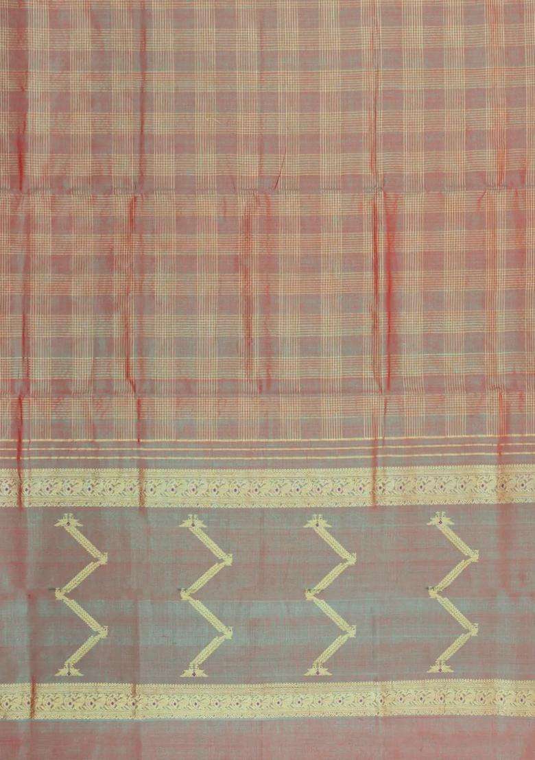 Grey Handloom Soft Silk Cotton Saree With Zari Checks With Checks And Stripes Design For Women - Indya