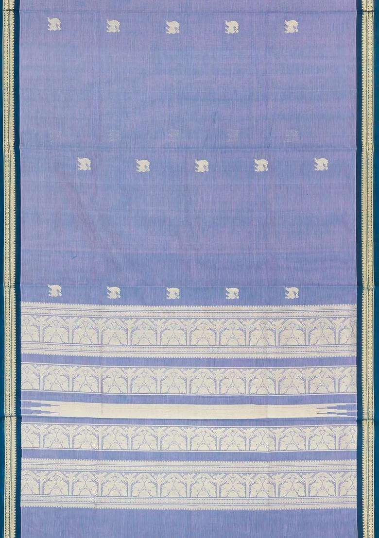 Grey Handloom Silk Cotton Saree With Buttas Contrast Border With Buttas And Brocade Design For Women - Indya