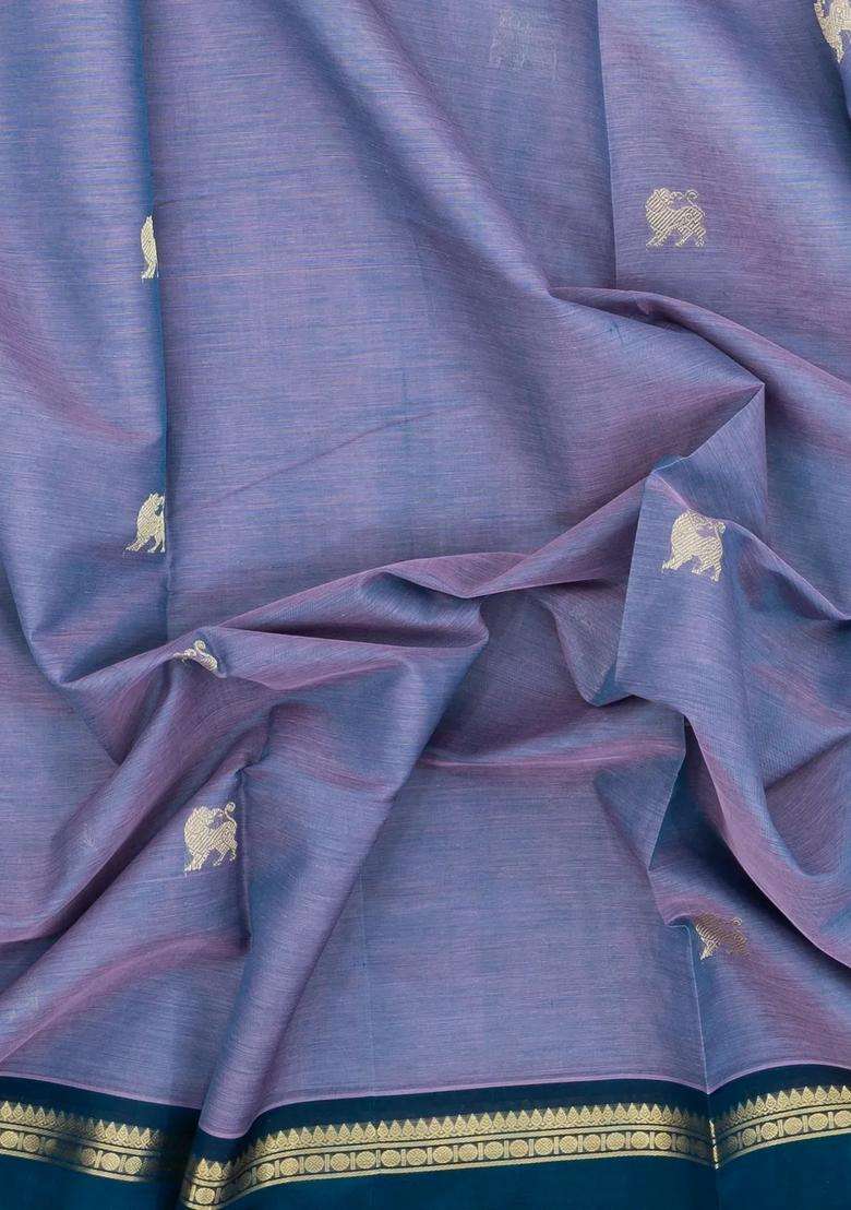 Grey Handloom Silk Cotton Saree With Buttas Contrast Border With Buttas And Brocade Design For Women - Indya