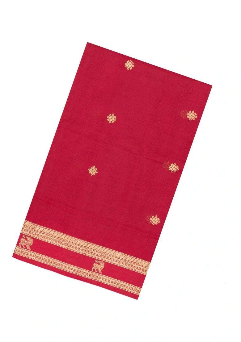 Red Handloom Silk Cotton Saree With Buttas Zari Border With Buttas And Brocade Design For Women - Indya