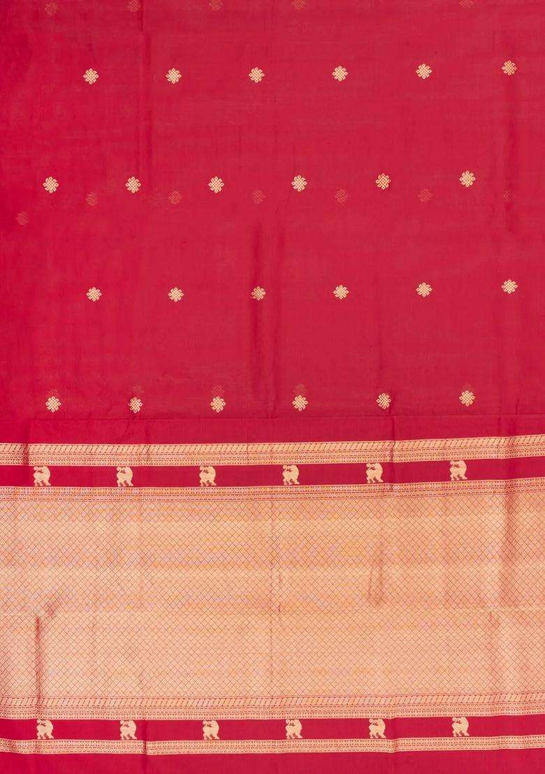 Red Handloom Silk Cotton Saree With Buttas Zari Border With Buttas And Brocade Design For Women - Indya