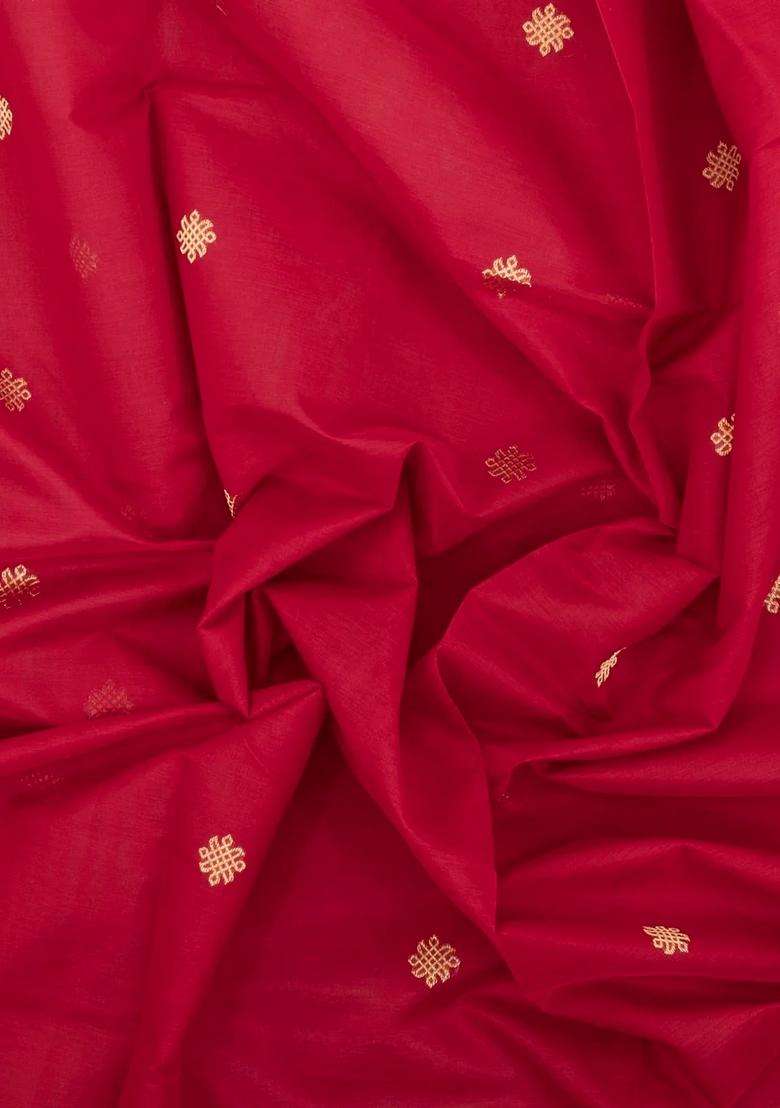 Red Handloom Silk Cotton Saree With Buttas Zari Border With Buttas And Brocade Design For Women - Indya