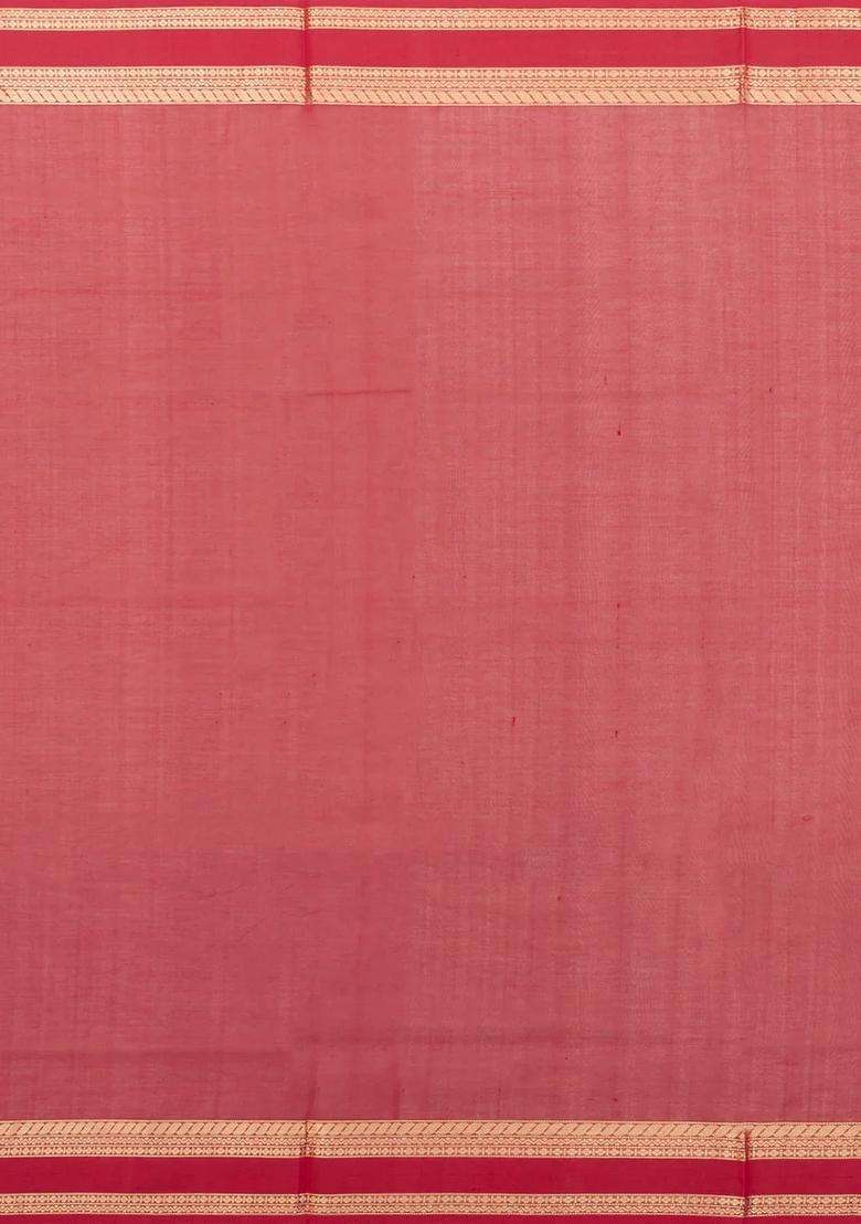 Red Handloom Silk Cotton Saree With Buttas Zari Border With Buttas And Brocade Design For Women - Indya