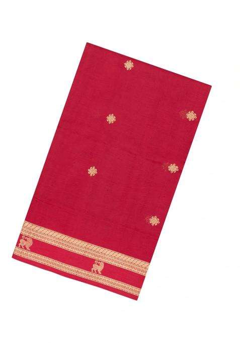 Red Handloom Silk Cotton Saree With Buttas Zari Border With Buttas And Brocade Design For Women