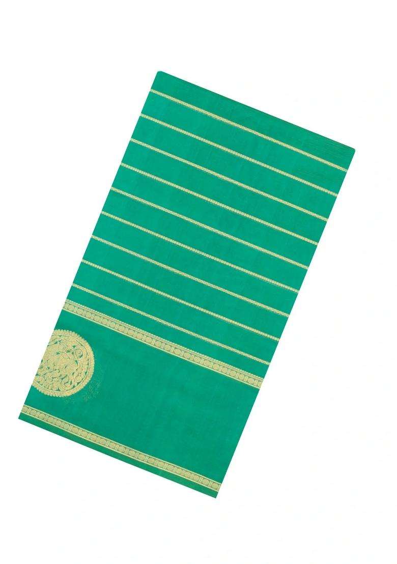 Aquamarine Handloom Silk Cotton Saree With Veldhari Stripes With Checks And Stripes Design For Women - Indya