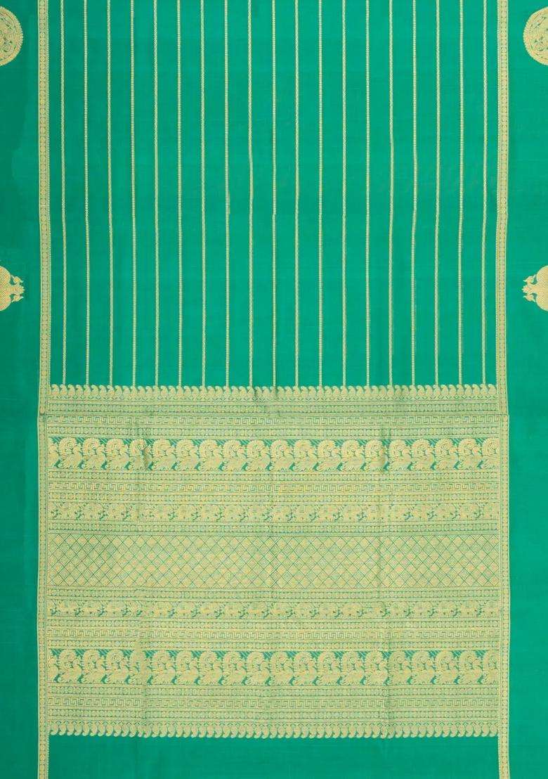 Aquamarine Handloom Silk Cotton Saree With Veldhari Stripes With Checks And Stripes Design For Women - Indya