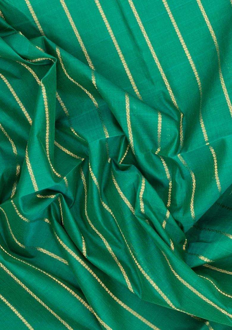 Aquamarine Handloom Silk Cotton Saree With Veldhari Stripes With Checks And Stripes Design For Women - Indya