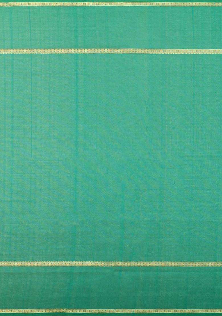 Aquamarine Handloom Silk Cotton Saree With Veldhari Stripes With Checks And Stripes Design For Women - Indya